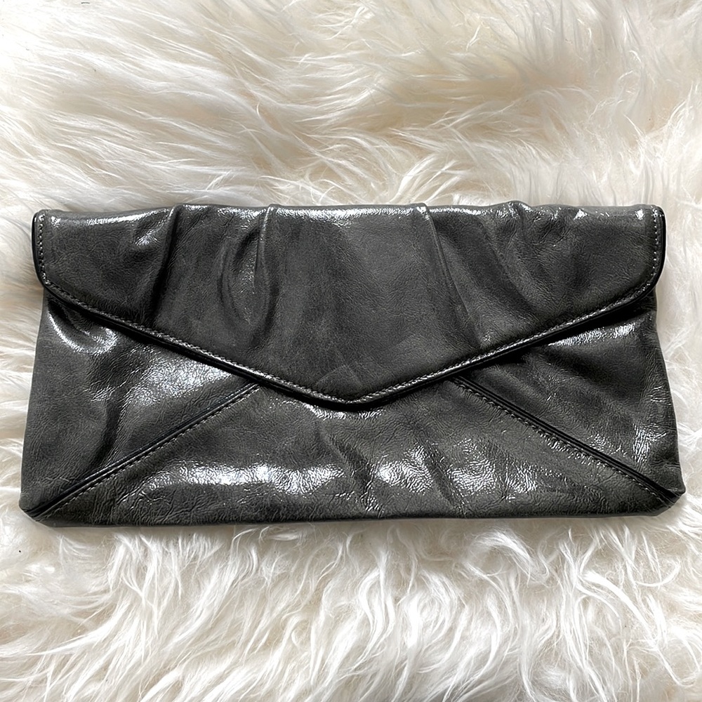BCBG Grey Patent Leather Clutch with Black Piping